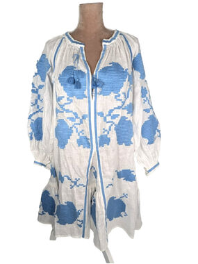 March 11 Linen Embroidered Midi Dress White Blue Sz S Peasant Boho Beachy